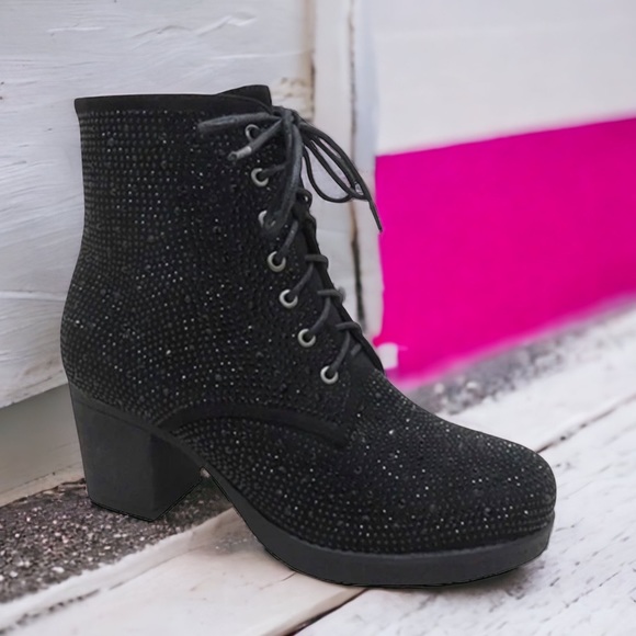 Italina Black Metallic Glitter Rhinestone Embellished‎ Lace-up Combat Boots 11 - Picture 1 of 7